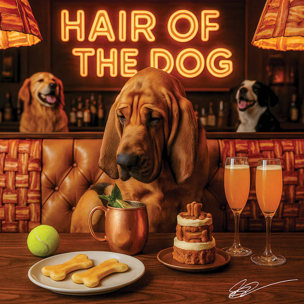 Hair of the Dog Bloodhound 013 Ruff & Ready Funny Canine Art neon lights, bacon-woven flair, and egg murals