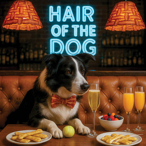 Hair of the Dog Border Collie 002 Ruff & Ready Funny Canine Art neon lights, bacon-woven flair, and egg murals