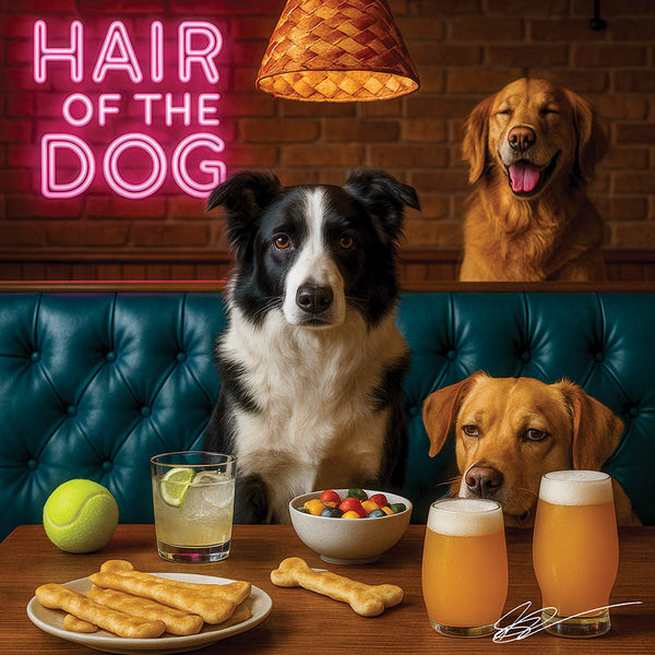 Hair of the Dog Border Collie 012 Ruff & Ready Funny Canine Art neon lights, bacon-woven flair, and egg murals