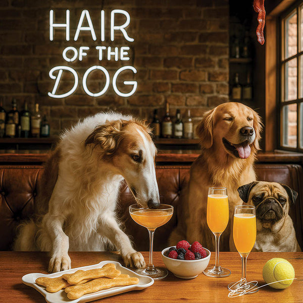 Hair of the Dog Borzoi 001 Ruff & Ready Funny Canine Art neon lights, bacon-woven flair, and egg murals