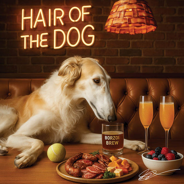 Hair of the Dog Borzoi 002 Ruff & Ready Funny Canine Art neon lights, bacon-woven flair, and egg murals