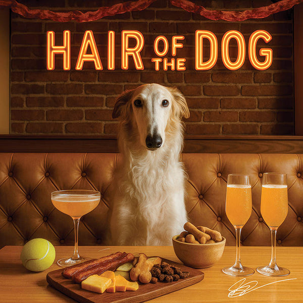 Hair of the Dog Borzoi 010 Ruff & Ready Funny Canine Art neon lights, bacon-woven flair, and egg murals