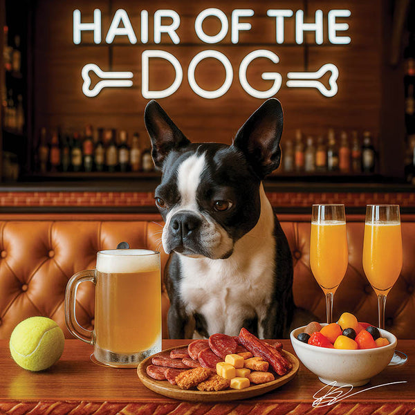 Hair of the Dog Boston Terrier 002 Ruff & Ready Funny Canine Art neon lights, bacon-woven flair, and egg murals