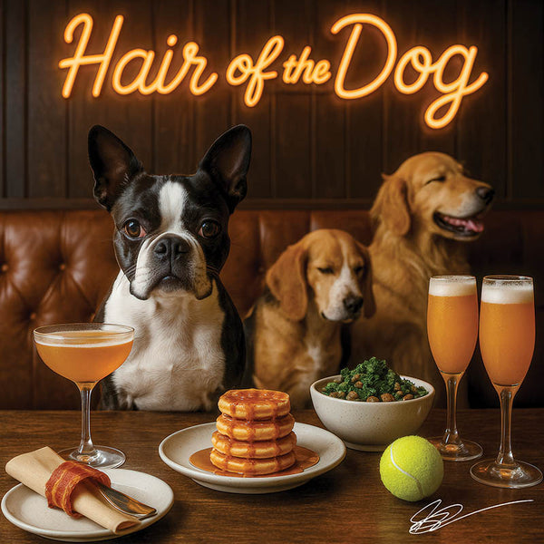 Hair of the Dog Boston Terrier 009 Ruff & Ready Funny Canine Art neon lights, bacon-woven flair, and egg murals