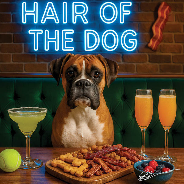 Hair of the Dog Boxer 004 Ruff & Ready Funny Canine Art neon lights, bacon-woven flair, and egg murals