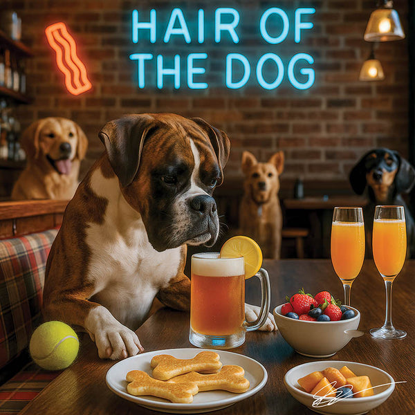 Hair of the Dog Boxer 007 Ruff & Ready Funny Canine Art neon lights, bacon-woven flair, and egg murals