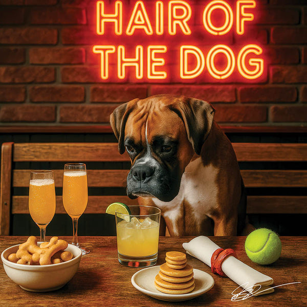 Hair of the Dog Boxer 009 Ruff & Ready Funny Canine Art neon lights, bacon-woven flair, and egg murals