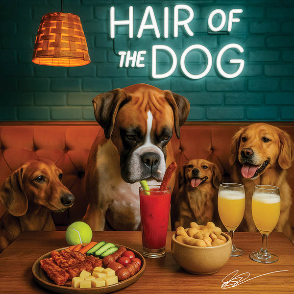Hair of the Dog Boxer 010 Ruff & Ready Funny Canine Art neon lights, bacon-woven flair, and egg murals