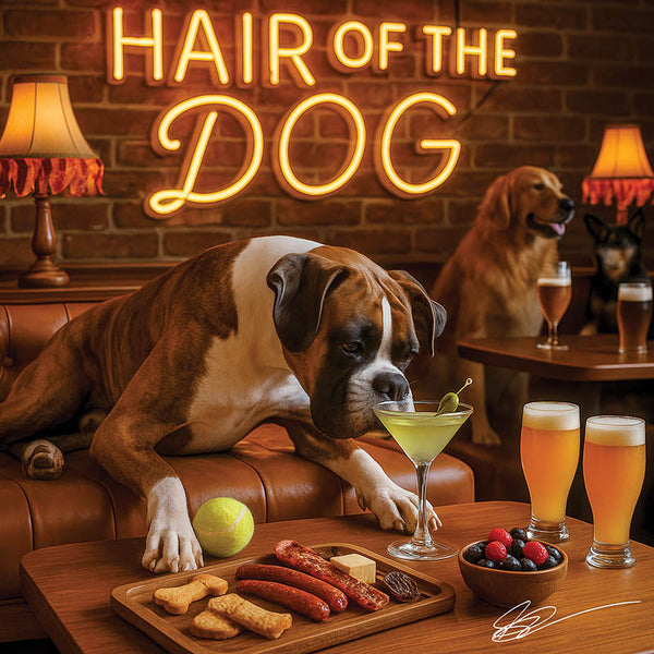 Hair of the Dog Boxer 015 Ruff & Ready Funny Canine Art neon lights, bacon-woven flair, and egg murals