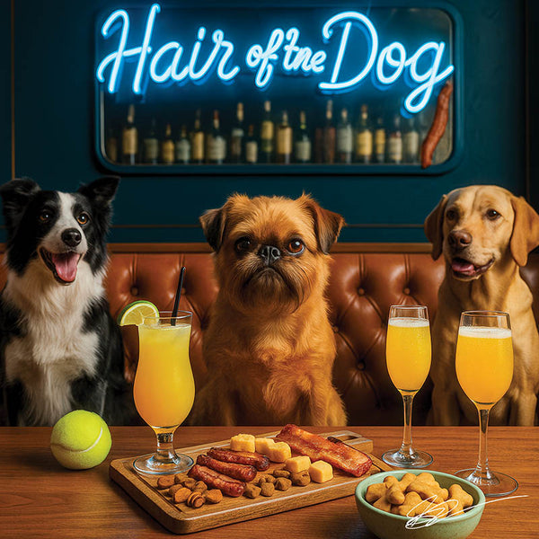 Hair of the Dog Brussels Griffon 001 Ruff & Ready Funny Canine Art neon lights, bacon-woven flair, and egg murals
