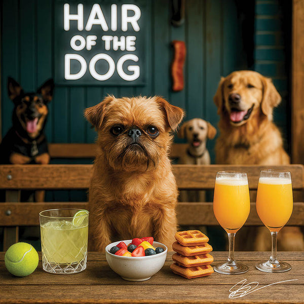 Hair of the Dog Brussels Griffon 002 Ruff & Ready Funny Canine Art neon lights, bacon-woven flair, and egg murals