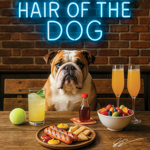 Hair of the Dog Bulldog 003 Ruff & Ready Funny Canine Art neon lights, bacon-woven flair, and egg murals