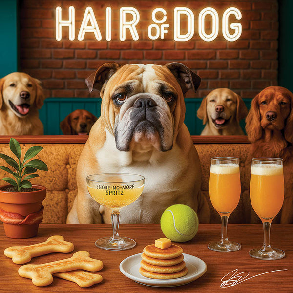 Hair of the Dog Bulldog 006 Ruff & Ready Funny Canine Art neon lights, bacon-woven flair, and egg murals