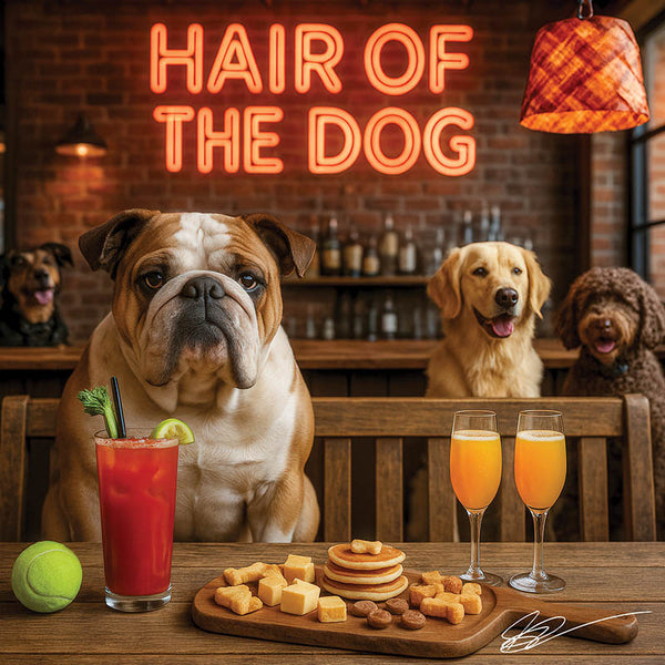 Hair of the Dog Bulldog 008 Ruff & Ready Funny Canine Art neon lights, bacon-woven flair, and egg murals