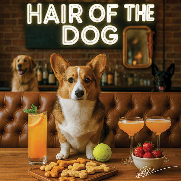 Hair of the Dog Cardigan Welsh Corgi 001 Ruff & Ready Funny Canine Art neon lights, bacon-woven flair, and egg murals