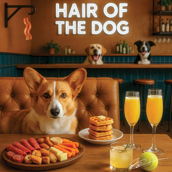 Hair of the Dog Cardigan Welsh Corgi 002 Ruff & Ready Funny Canine Art neon lights, bacon-woven flair, and egg murals