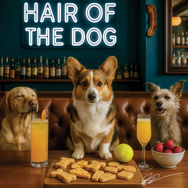 Hair of the Dog Cardigan Welsh Corgi 006 Ruff & Ready Funny Canine Art neon lights, bacon-woven flair, and egg murals