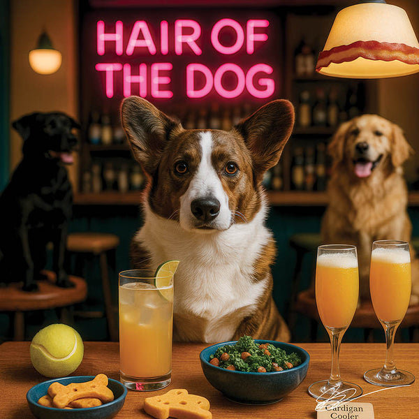 Hair of the Dog Cardigan Welsh Corgi 009 Ruff & Ready Funny Canine Art neon lights, bacon-woven flair, and egg murals