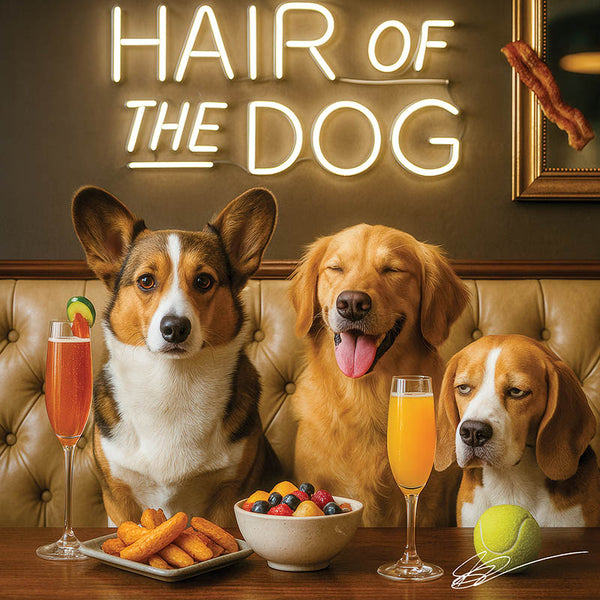 Hair of the Dog Cardigan Welsh Corgi 010 Ruff & Ready Funny Canine Art neon lights, bacon-woven flair, and egg murals