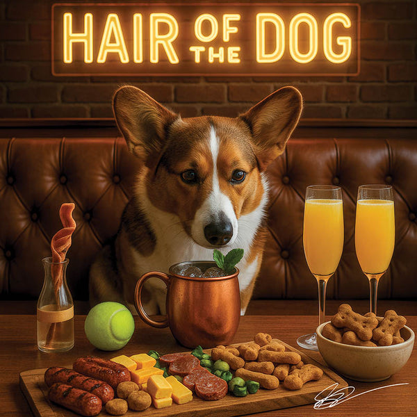 Hair of the Dog Cardigan Welsh Corgi 011 Ruff & Ready Funny Canine Art neon lights, bacon-woven flair, and egg murals