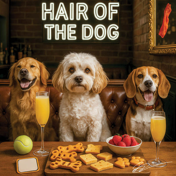 Hair of the Dog Cavachon 001 Ruff & Ready Funny Canine Art neon lights, bacon-woven flair, and egg murals
