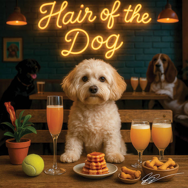 Hair of the Dog Cavachon 006 Ruff & Ready Funny Canine Art neon lights, bacon-woven flair, and egg murals