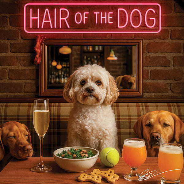 Hair of the Dog Cavachon 007 Ruff & Ready Funny Canine Art neon lights, bacon-woven flair, and egg murals