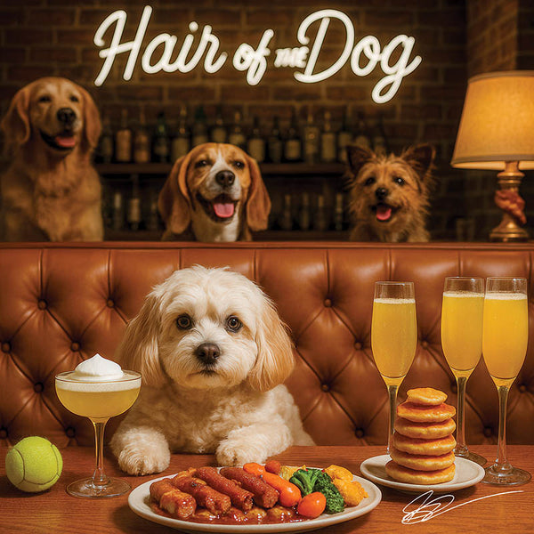 Hair of the Dog Cavachon 011 Ruff & Ready Funny Canine Art neon lights, bacon-woven flair, and egg murals
