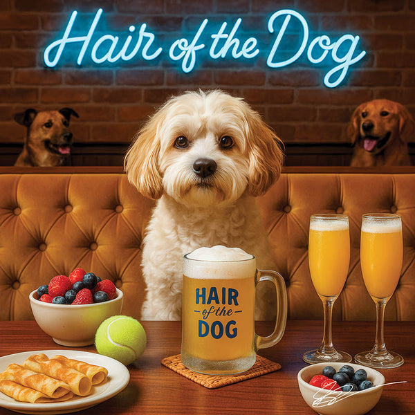 Hair of the Dog Cavachon 015 Ruff & Ready Funny Canine Art neon lights, bacon-woven flair, and egg murals