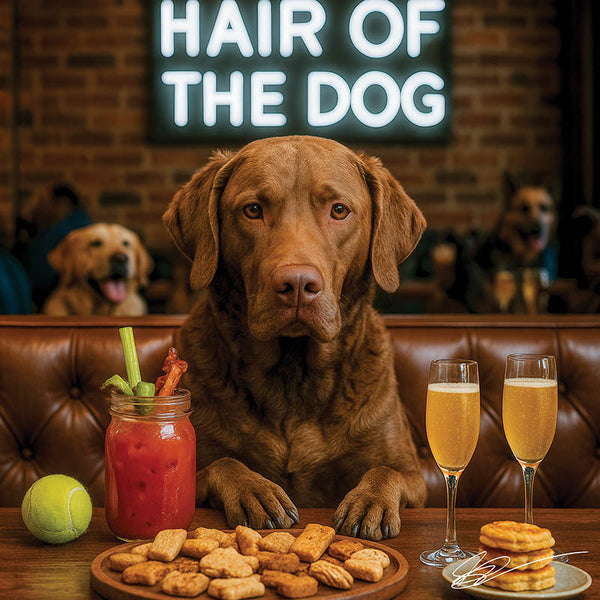 Hair of the Dog Chesapeake Bay Retriever 005 Ruff & Ready Funny Canine Art neon lights, bacon-woven flair, and egg murals