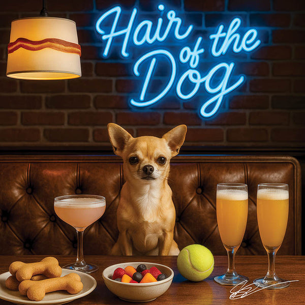 Hair of the Dog Chihuahua 003 Ruff & Ready Funny Canine Art neon lights, bacon-woven flair, and egg murals