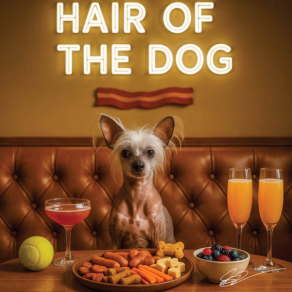 Hair of the Dog Chinese Crested 002 Ruff & Ready Funny Canine Art neon lights, bacon-woven flair, and egg murals