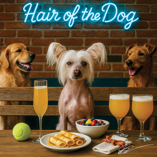 Hair of the Dog Chinese Crested 004 Ruff & Ready Funny Canine Art neon lights, bacon-woven flair, and egg murals