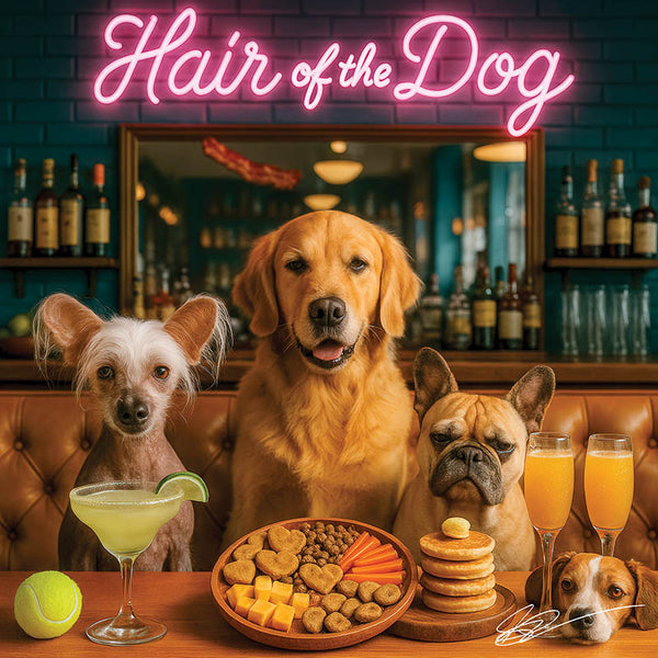 Hair of the Dog Chinese Crested 005 Ruff & Ready Funny Canine Art neon lights, bacon-woven flair, and egg murals