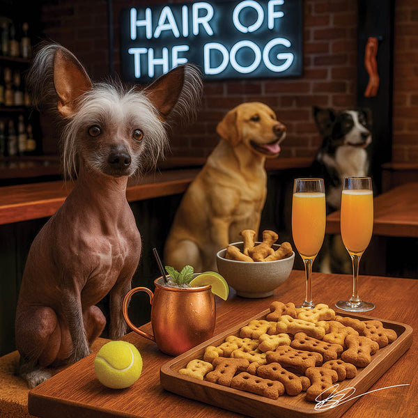 Hair of the Dog Chinese Crested 006 Ruff & Ready Funny Canine Art neon lights, bacon-woven flair, and egg murals