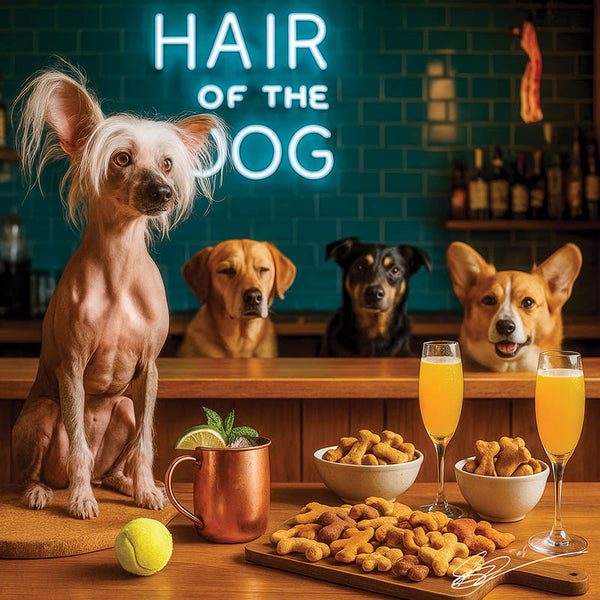 Hair of the Dog Chinese Crested 007 Ruff & Ready Funny Canine Art neon lights, bacon-woven flair, and egg murals