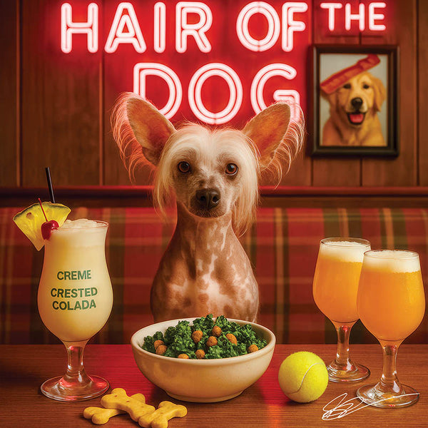 Hair of the Dog Chinese Crested 008 Ruff & Ready Funny Canine Art neon lights, bacon-woven flair, and egg murals