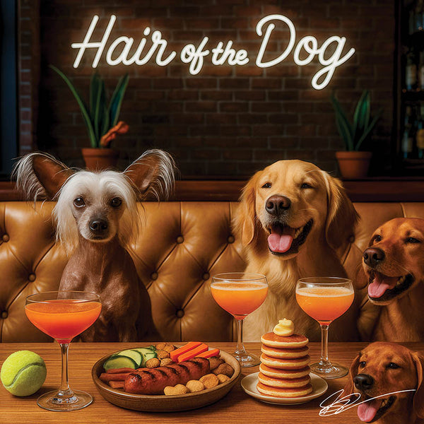 Hair of the Dog Chinese Crested 009 Ruff & Ready Funny Canine Art neon lights, bacon-woven flair, and egg murals