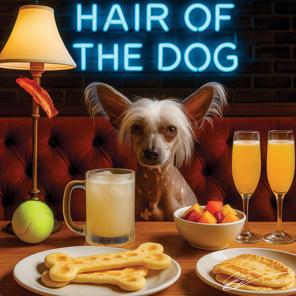 Hair of the Dog Chinese Crested 010 Ruff & Ready Funny Canine Art neon lights, bacon-woven flair, and egg murals
