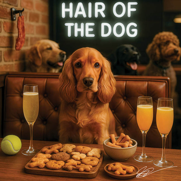 Hair of the Dog Cocker Spaniel 010 Ruff & Ready Funny Canine Art neon lights, bacon-woven flair, and egg murals