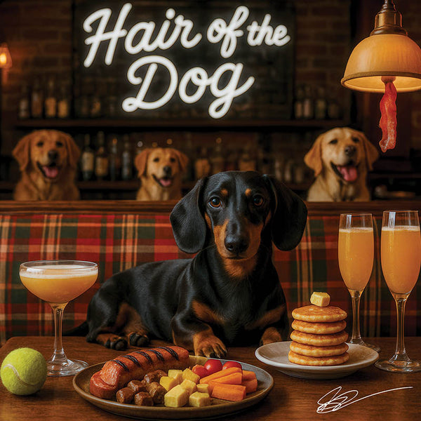 Hair of the Dog Dachshund 004 Ruff & Ready Funny Canine Art neon lights, bacon-woven flair, and egg murals