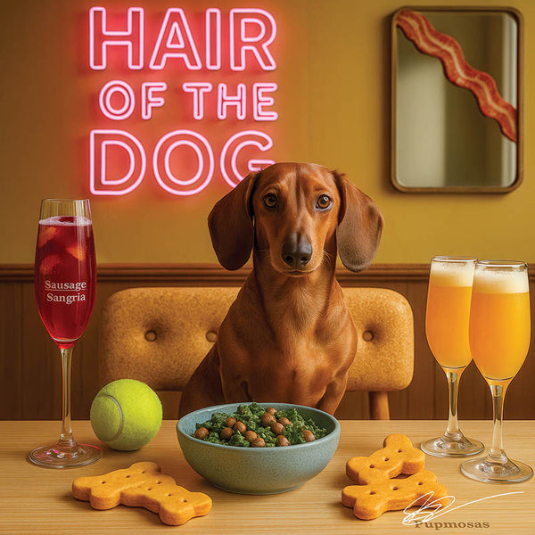 Hair of the Dog Dachshund 005 Ruff & Ready Funny Canine Art neon lights, bacon-woven flair, and egg murals