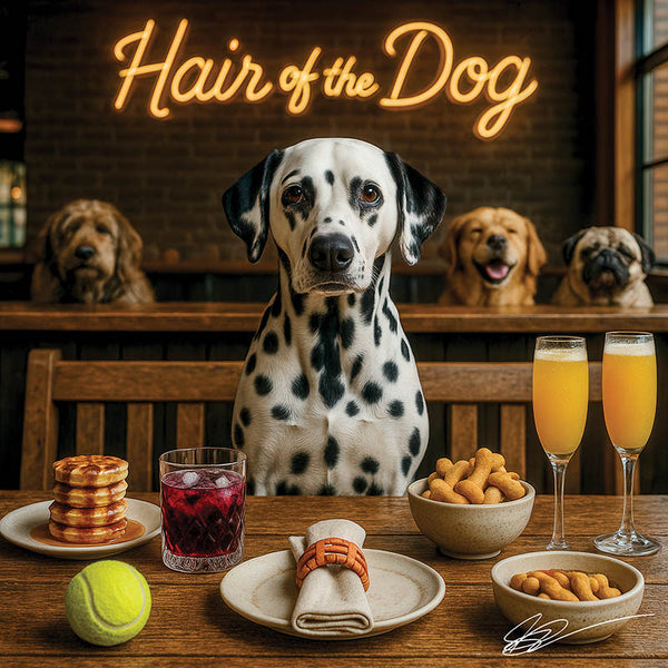Hair of the Dog Dalmatian 001 Ruff & Ready Funny Canine Art neon lights, bacon-woven flair, and egg murals