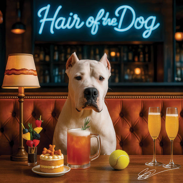 Hair of the Dog Dogo Argentino 010 Ruff & Ready Funny Canine Art neon lights, bacon-woven flair, and egg murals