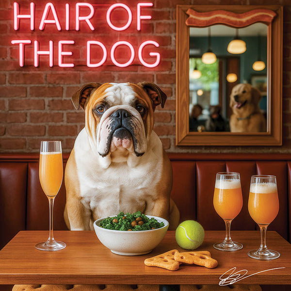 Hair of the Dog English Bulldog 004 Ruff & Ready Funny Canine Art neon lights, bacon-woven flair, and egg murals