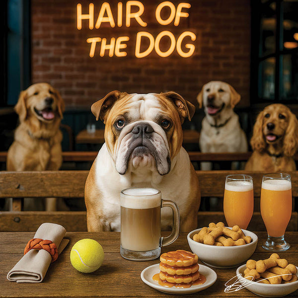 Hair of the Dog English Bulldog 009 Ruff & Ready Funny Canine Art neon lights, bacon-woven flair, and egg murals