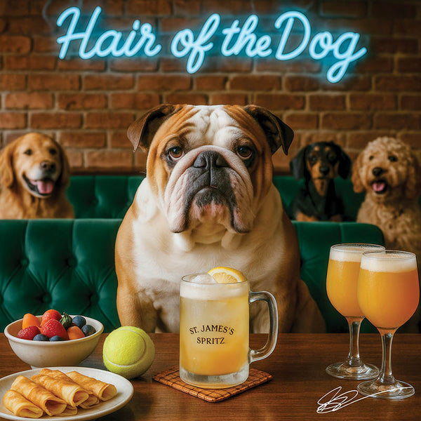 Hair of the Dog English Bulldog 011 Ruff & Ready Funny Canine Art neon lights, bacon-woven flair, and egg murals