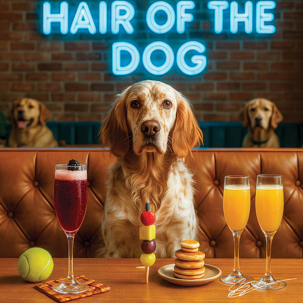 Hair of the Dog English Setter 009 Ruff & Ready Funny Canine Art neon lights, bacon-woven flair, and egg murals