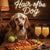 English setter dog sitting at a bar with drinks and food, with 'Hair of the Dog' text.