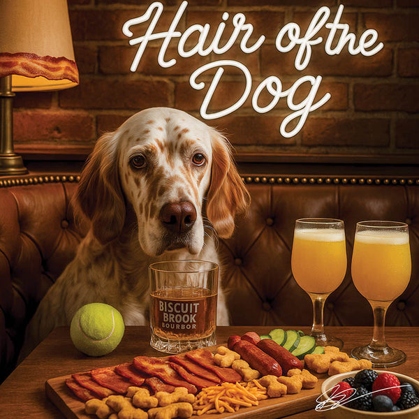 English setter dog sitting at a bar with drinks and food, with 'Hair of the Dog' text.